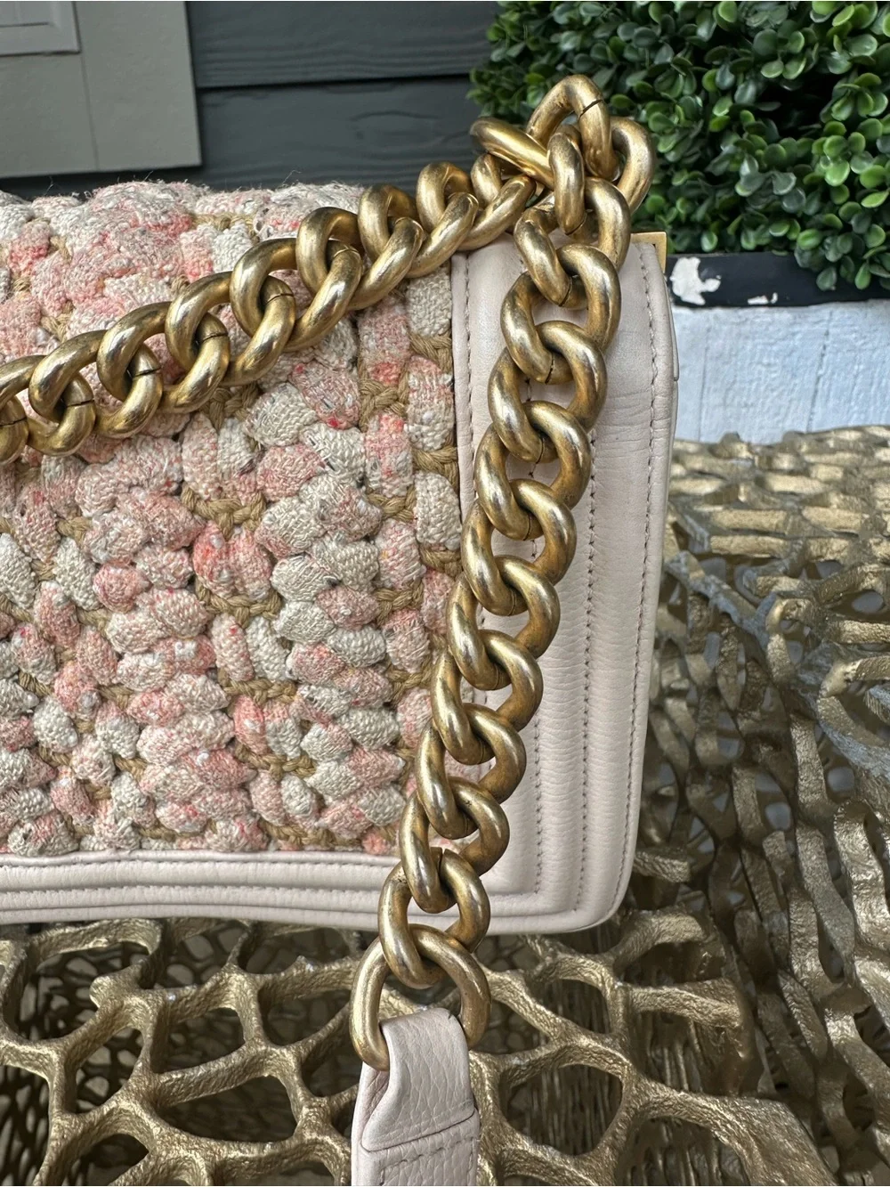 CHANEL Pink & Cream Tweed Boy Shoulder Bag with Gold Hardware